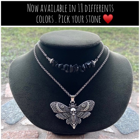 Silverskylight Jewelry - Double layer moth skull moon charm & gems of your choice goth boho